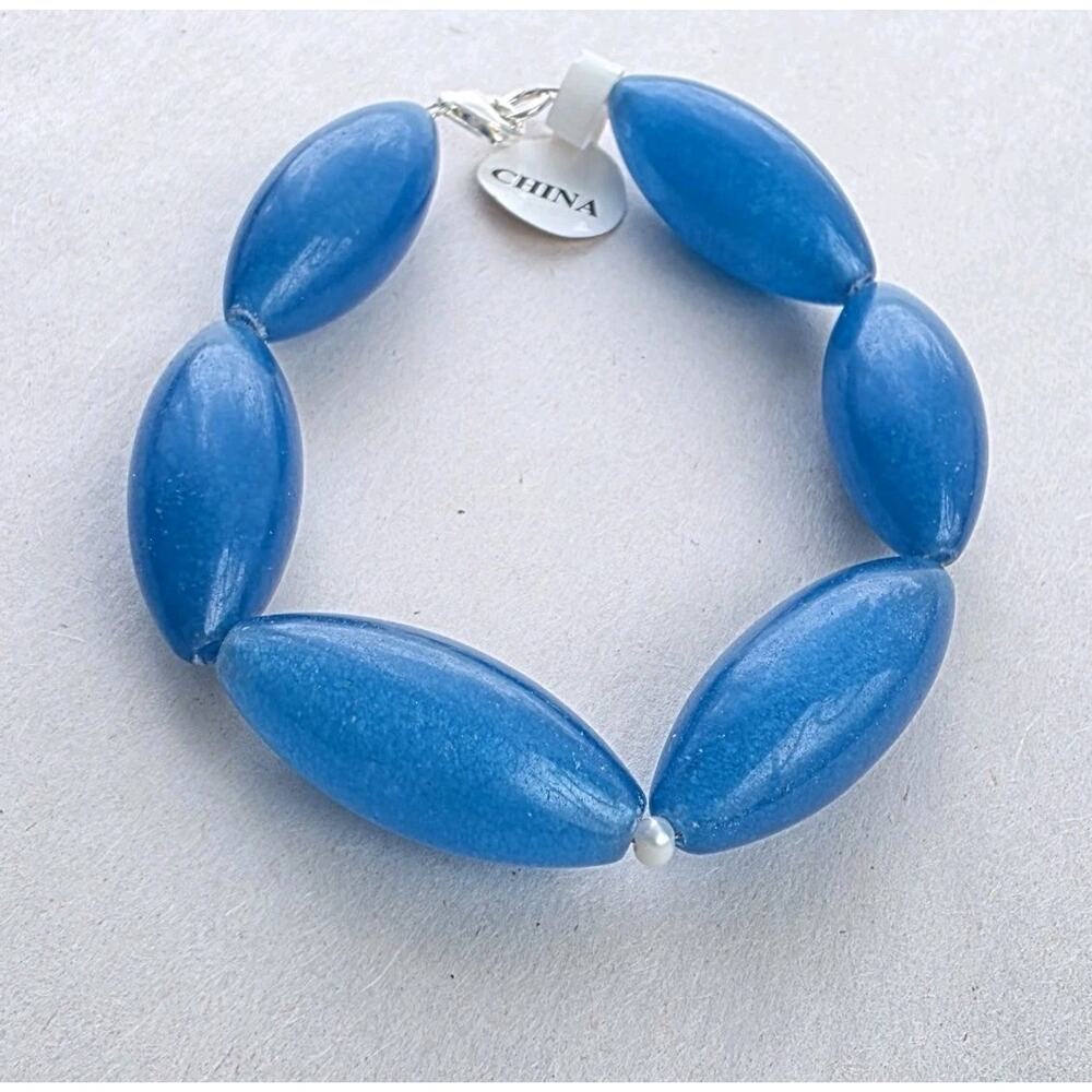 New Sterling Silver 925‎ Blue Agate Pearl Stone Bracelet 6.25" New